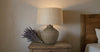 BROWN CERAMIC LAMP W/ HESSIAN SHADE