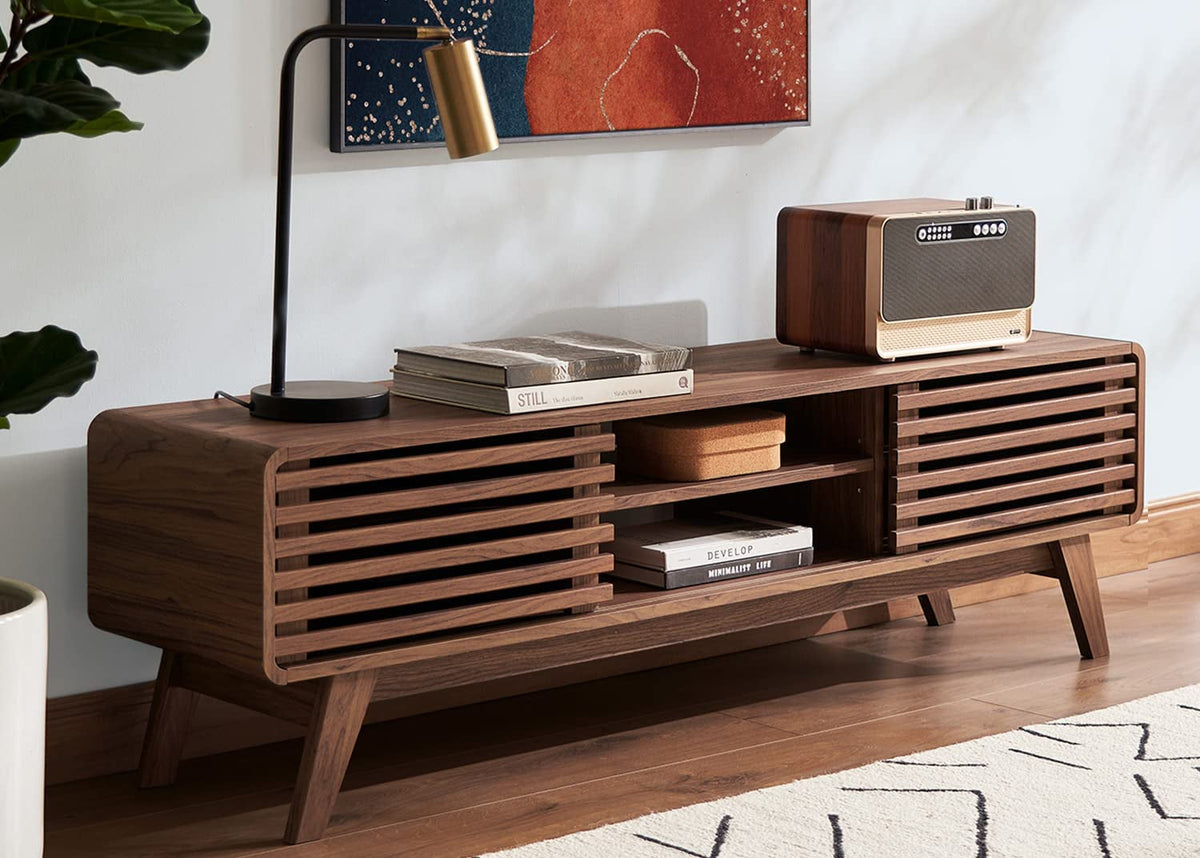 59" Walnut Mid Century Modern TV Stand